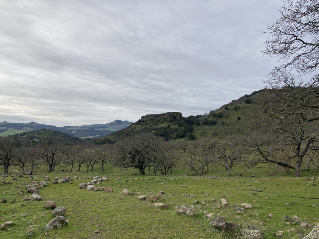 Photo of a green field, framed by rocks and trees, with hills in the background, an interesting rock formation on one of the hills, and a cloudy sky.